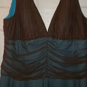Brown Sheer Overlay Teal Ruched Waist Dress